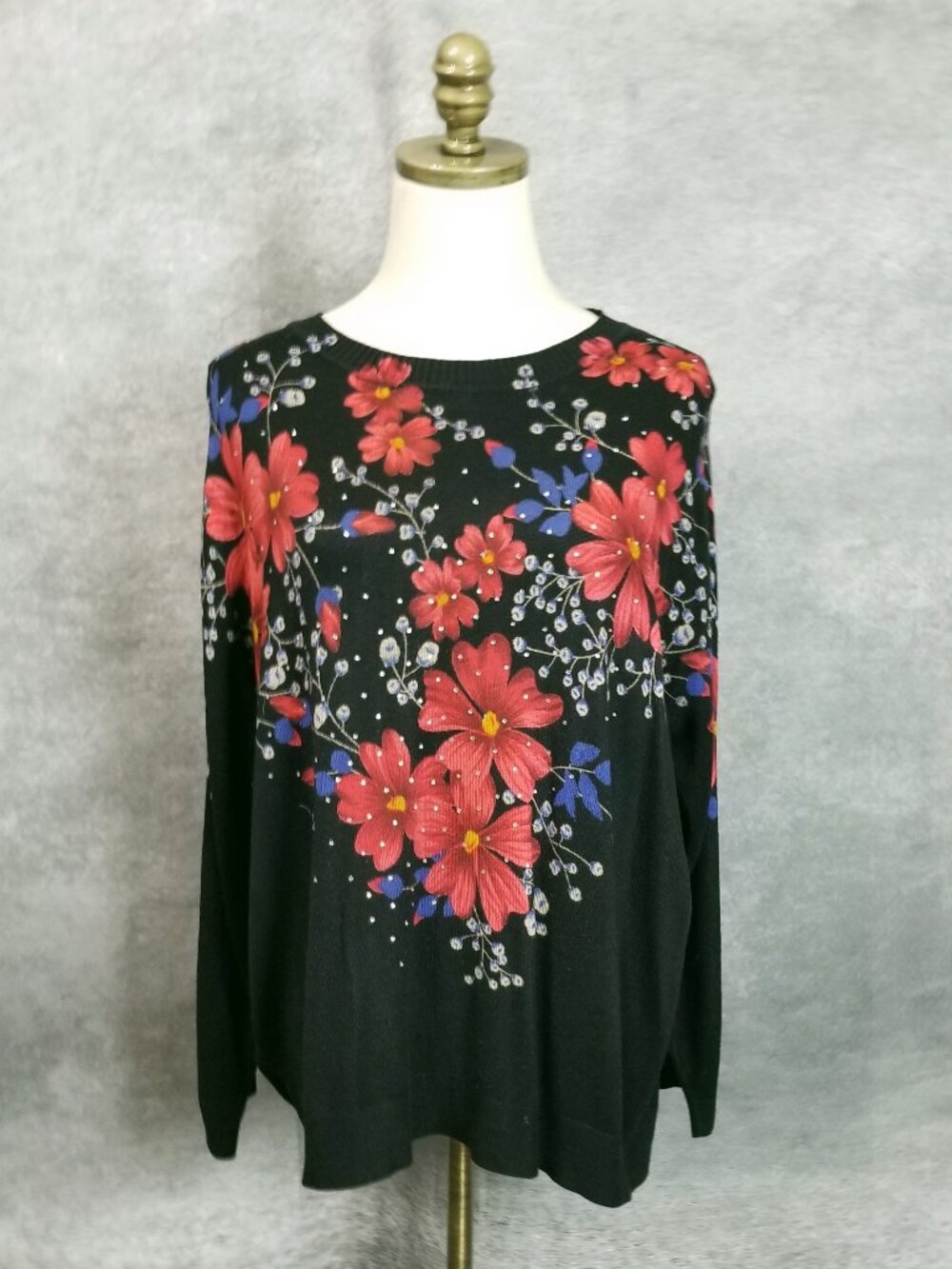 Vintage Cathy Daniels Red Black Floral Rhinestone Sweater Size 1X Plus Cottage